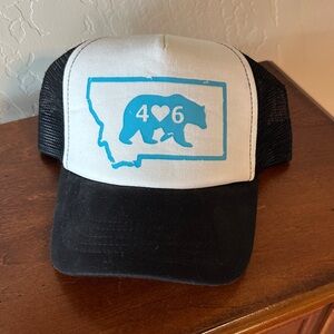 Montana Black and White Trucker Hat with Blue Bear Design